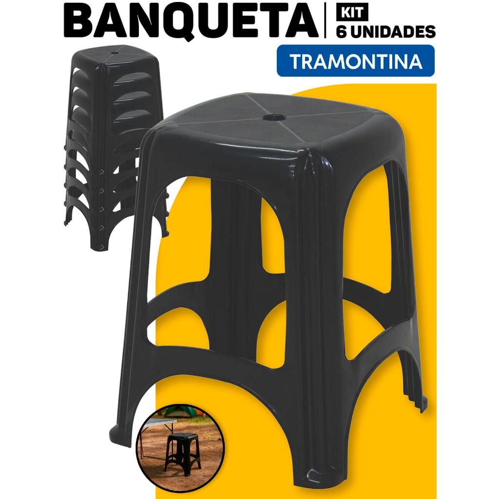 Kit Jogo 6 Banco Plástico Banqueta 45cm Banquinho Reforçado Empilhável Até 120kg P/ Bar Casa Churrasco Cozinha Multiuso