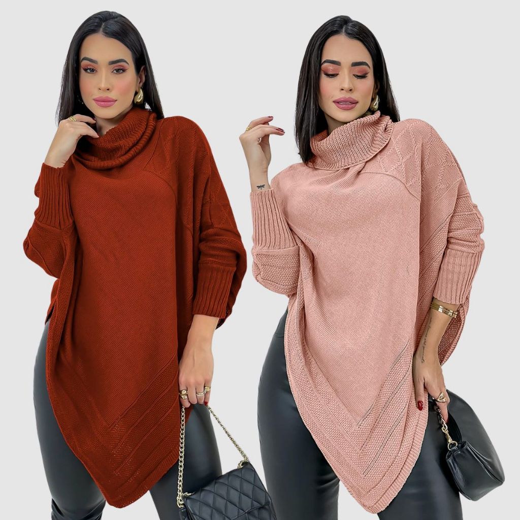 Kit 2 Poncho Bico Blusa Tricot Manga Longa Gola Alta Elegante Inverno 2025