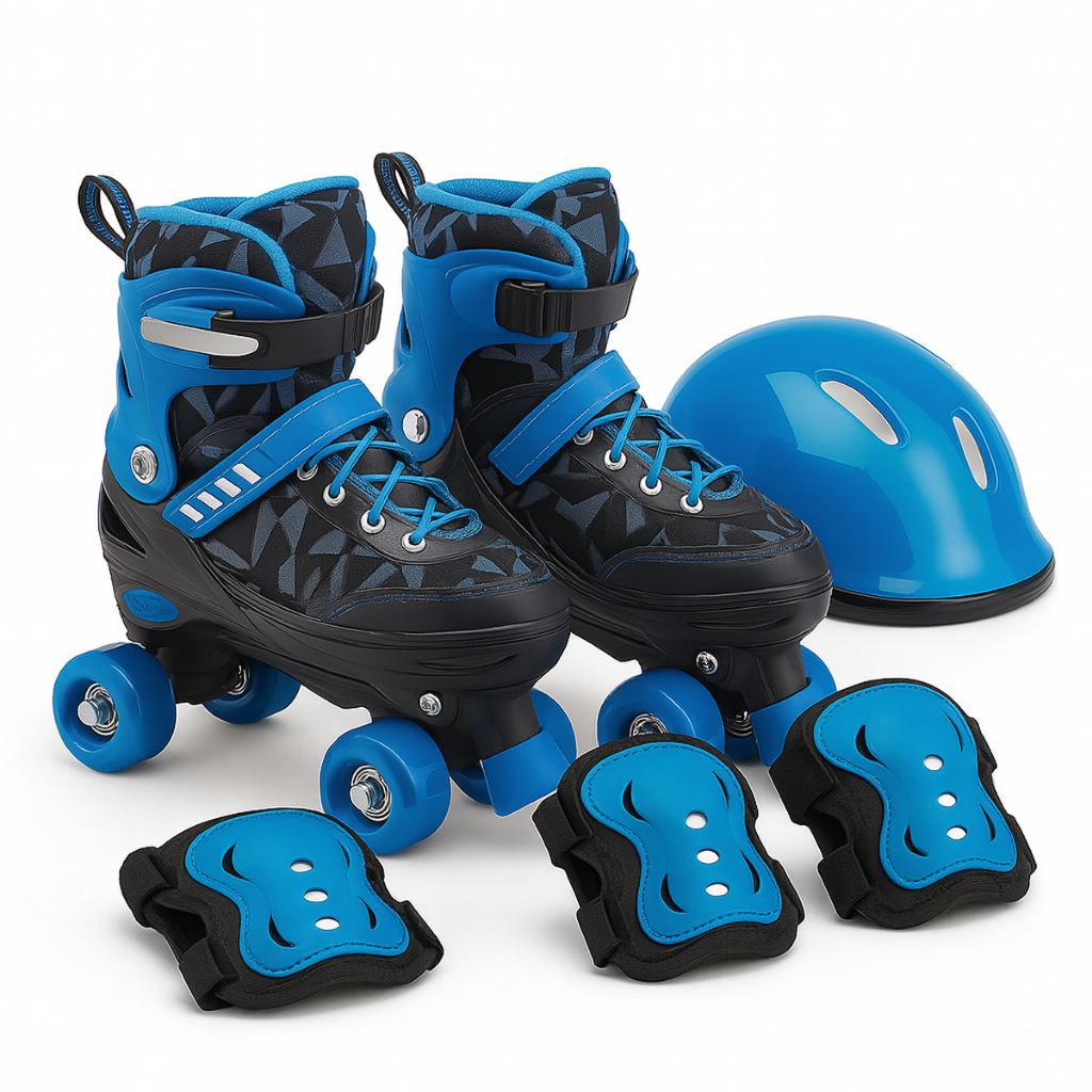 Patins Infantil Azul Ajustável Kit Segurança Do 34 ao 37 Capacete e Protetores Divertido Menino