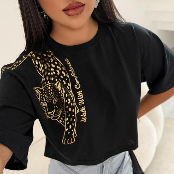T-Shirt Blusa Top Algodão 30.1 Penteado Cropped Oversized Onça Foil em Oferta na Shopee
