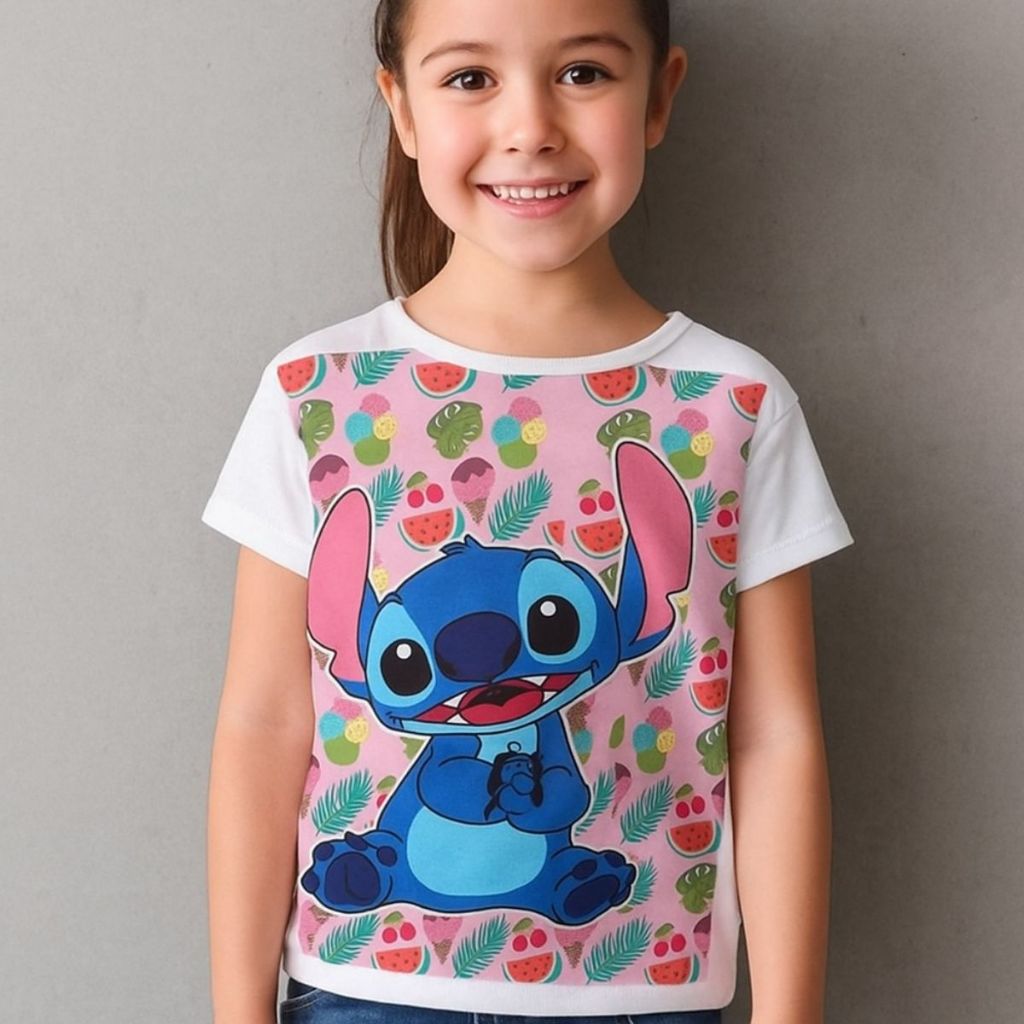 Camiseta Stitch Infantil Menina Estampada  Casual básica Fofa Confortável