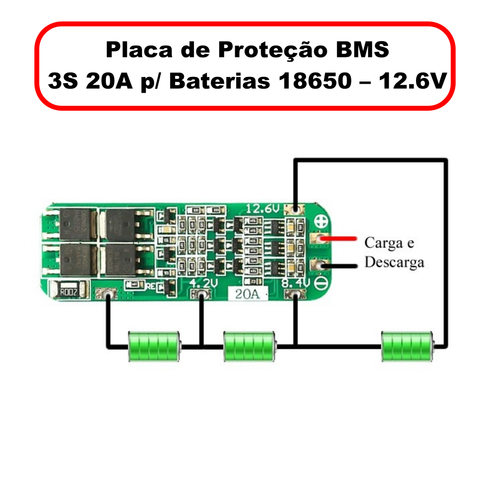 Placa BMS 3S 20A 12,6V p/ Bateria 18650 Li-ion Proteção Carga Descarga Balanceamento