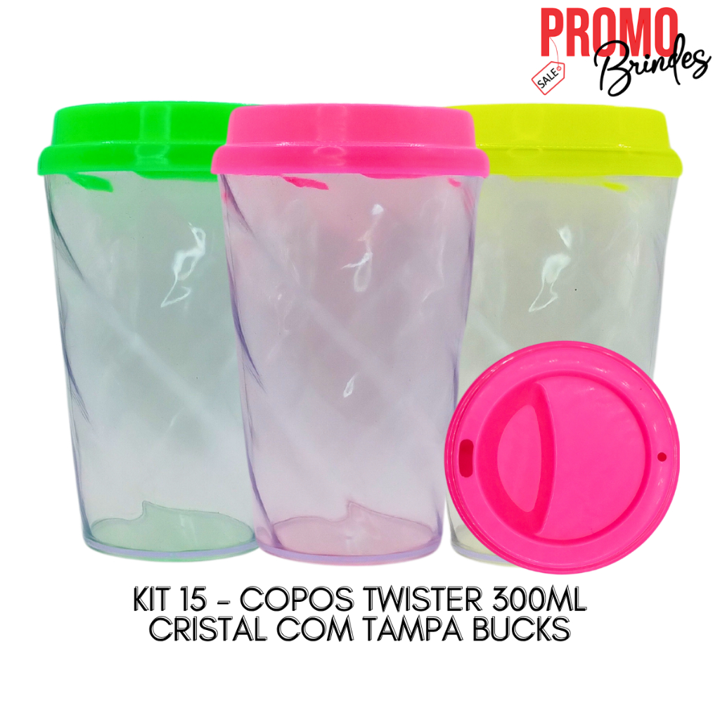 KIT 15 TWISTER 300ML CRISTAL COM TAMPA BUCKS PARA FESTA ANIVERSÁRIO CASAMENTO em Oferta na Shopee