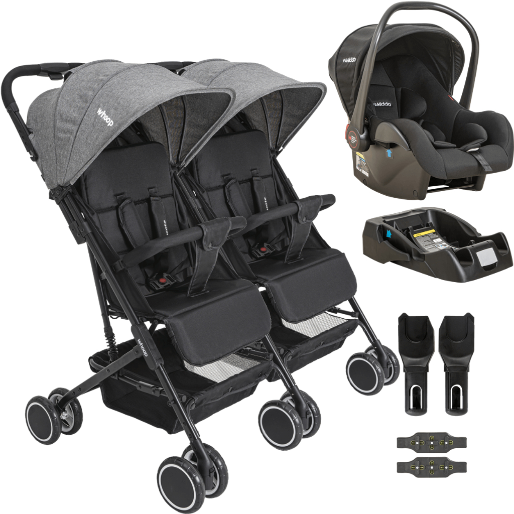 Carrinho Kiddo para Gemeos com Bebe Conforto Base Mascote Grafite