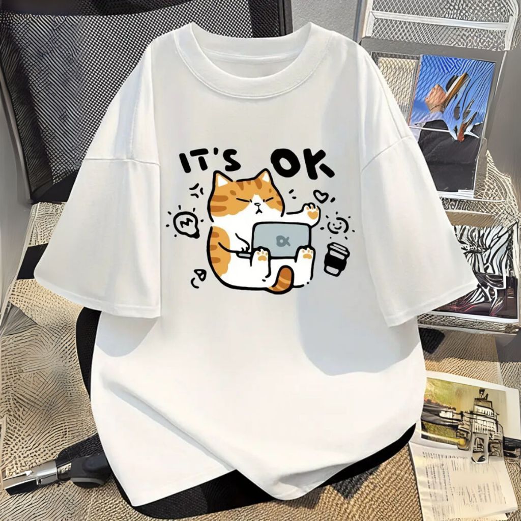 Camiseta De Algodão Oversized Gatinho It's Ok Estilosa Confortável Novo Lançamento