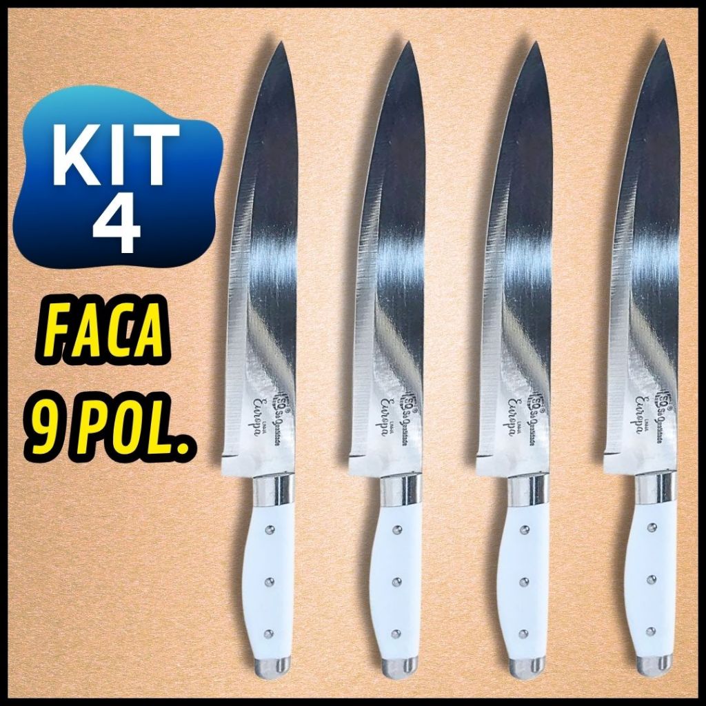 Kit 4 Facas de Cozinha Aço Inox Afiadas 9 Polegadas Linha Europa Para Casa Restaurante em Oferta na Shopee