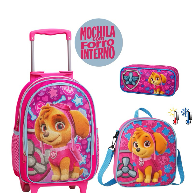 Mochila Escolar Skye Patrulha Canina menina Lancheira Térmica + Estojo Mochila Forro interno
