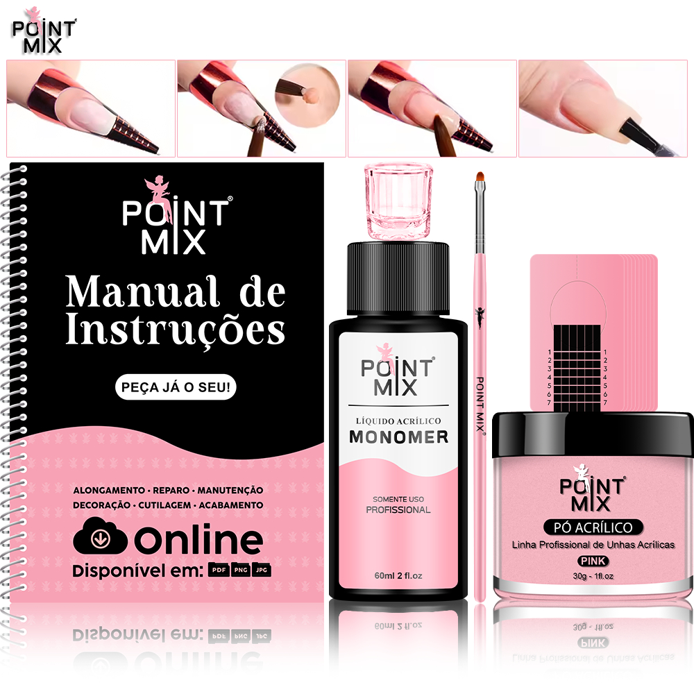Kit Alongamento Porcelana Fácil com Pó Acrílico Monomer Copo Dappen Pincel Molde Adesivo Extensão Unhas com Manual