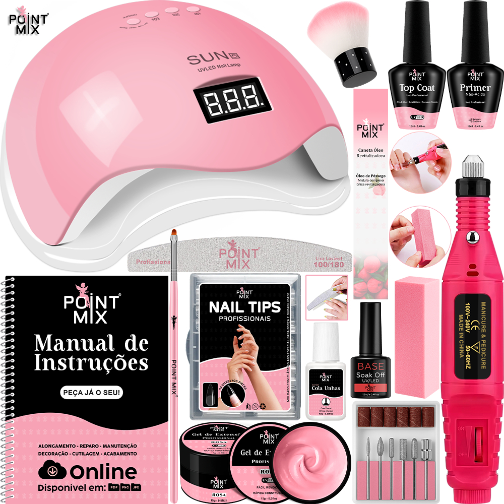 Kit Unha de Gel com Cabine Sun 5 48W Gel Tips Base Top Primer Cola Lixa Pincel Óleo Completo