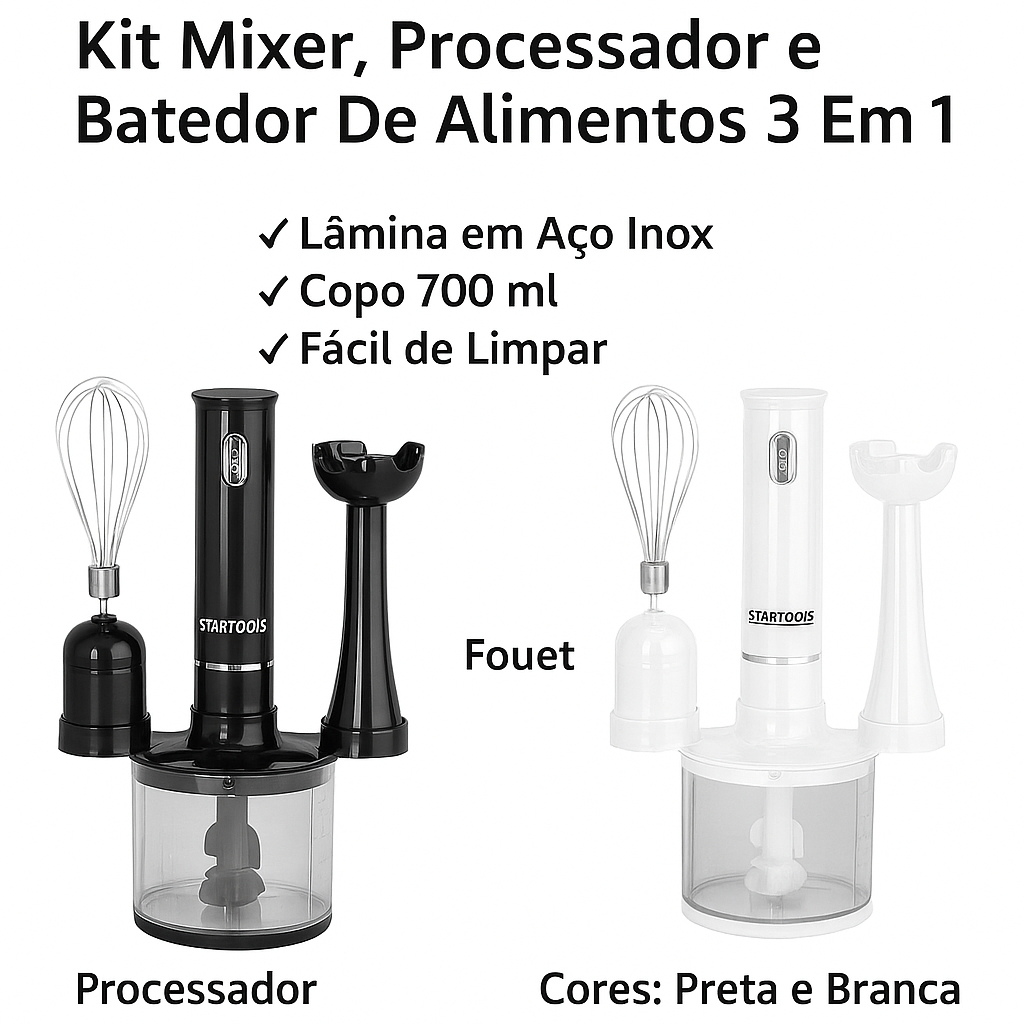 Mixer de Mão 3 em 1 – Processador, Batedor, Mixer com Copo 700ml – Lâmina Inox com fouet– 127V ou 220V