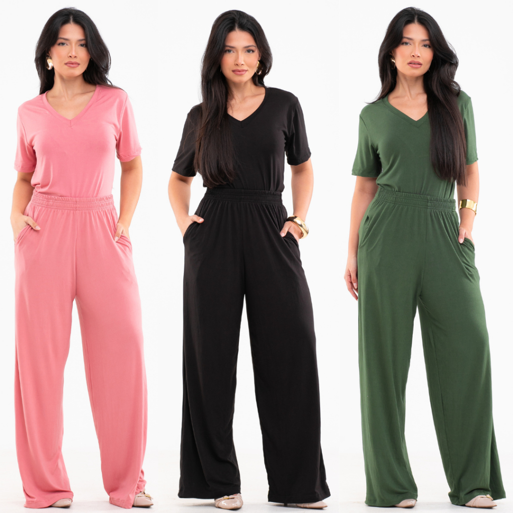 Conjunto Blusa e Pantalona em Malha Suede Light Leve e Macia Calça com Bolsos Blusa Gola V Fardamento Roupa Confortável em Oferta na Shopee