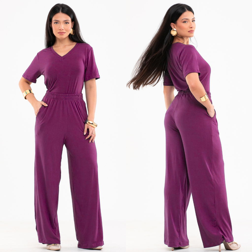 Conjunto Blusa e Pantalona em Malha Suede Light Leve e Macia Calça com Bolsos Blusa Gola V Confortável Fardamento Roupa