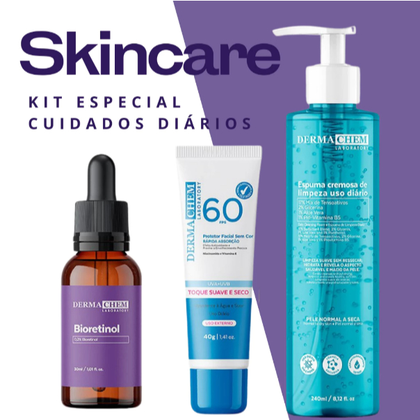 Skincare Kit Serum + Protetor + Espuma de limpeza diaria + bioretinol Dermachem em Oferta na Shopee