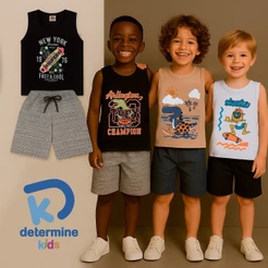 Kit 6 Peça de Roupa Infantil e Juvenil Menino - 3 Regatas + 3 Bermudas
