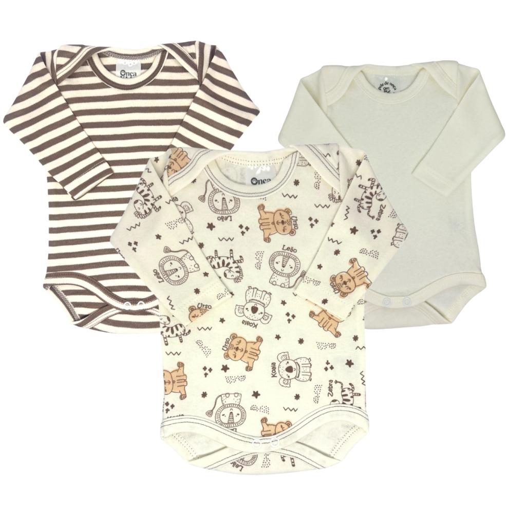 Kit Body Bebê Estampado Safári Listrado Ursinho 100% Algodão Hipoalergênico Premium Maternidade
