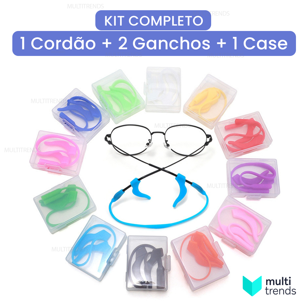 Kit Cordão para Óculos Infantil com Trava de Orelha em Silicone - Alça + Ganchos