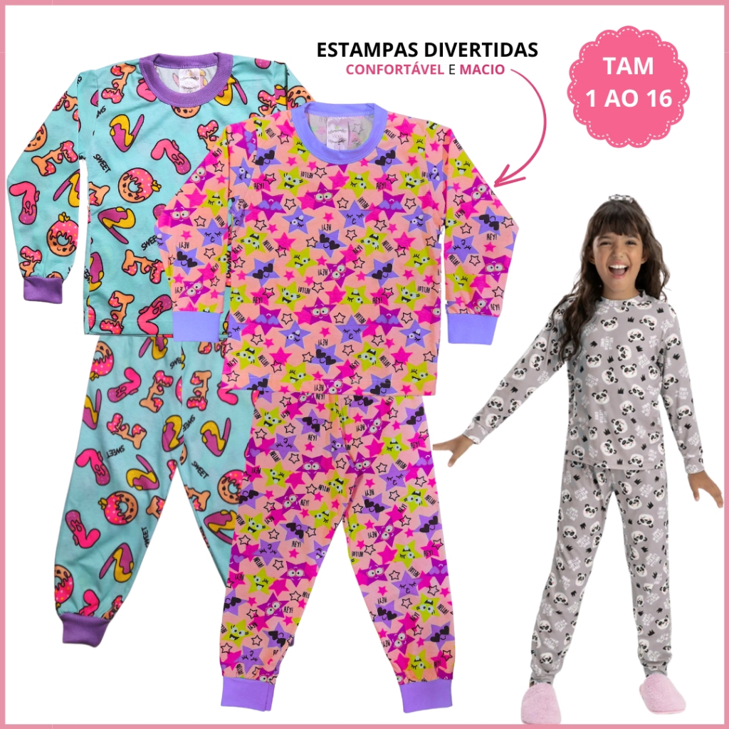 Kit 4 Peças Pijama Feminino Infantil Inverno 2 Camiseta Manga e 2 Calça em Algodão 1 ao 16