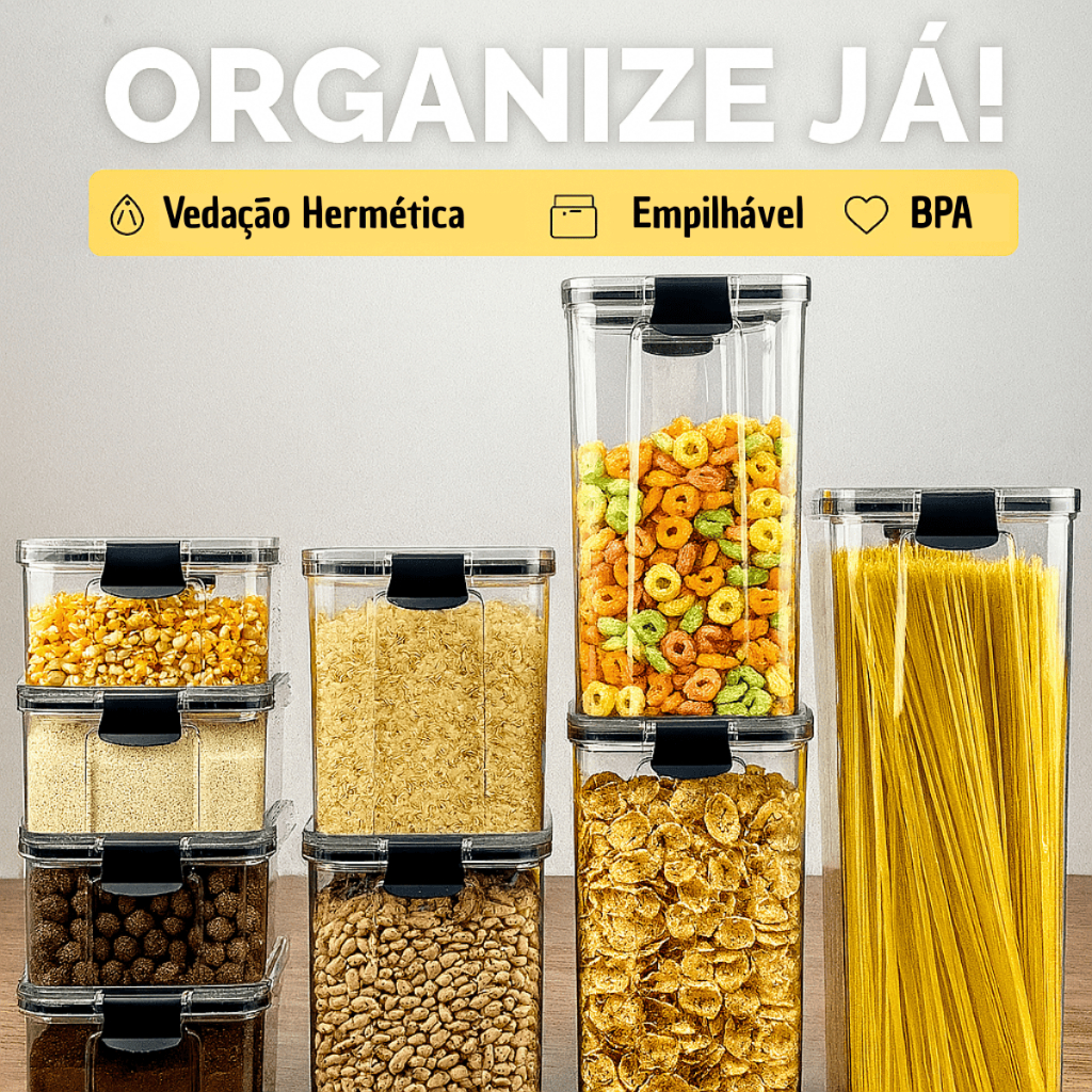 Mega Kit Potes Herméticos Acrílico Empilhável Vedação Organizador de Mantimentos Cozinha
