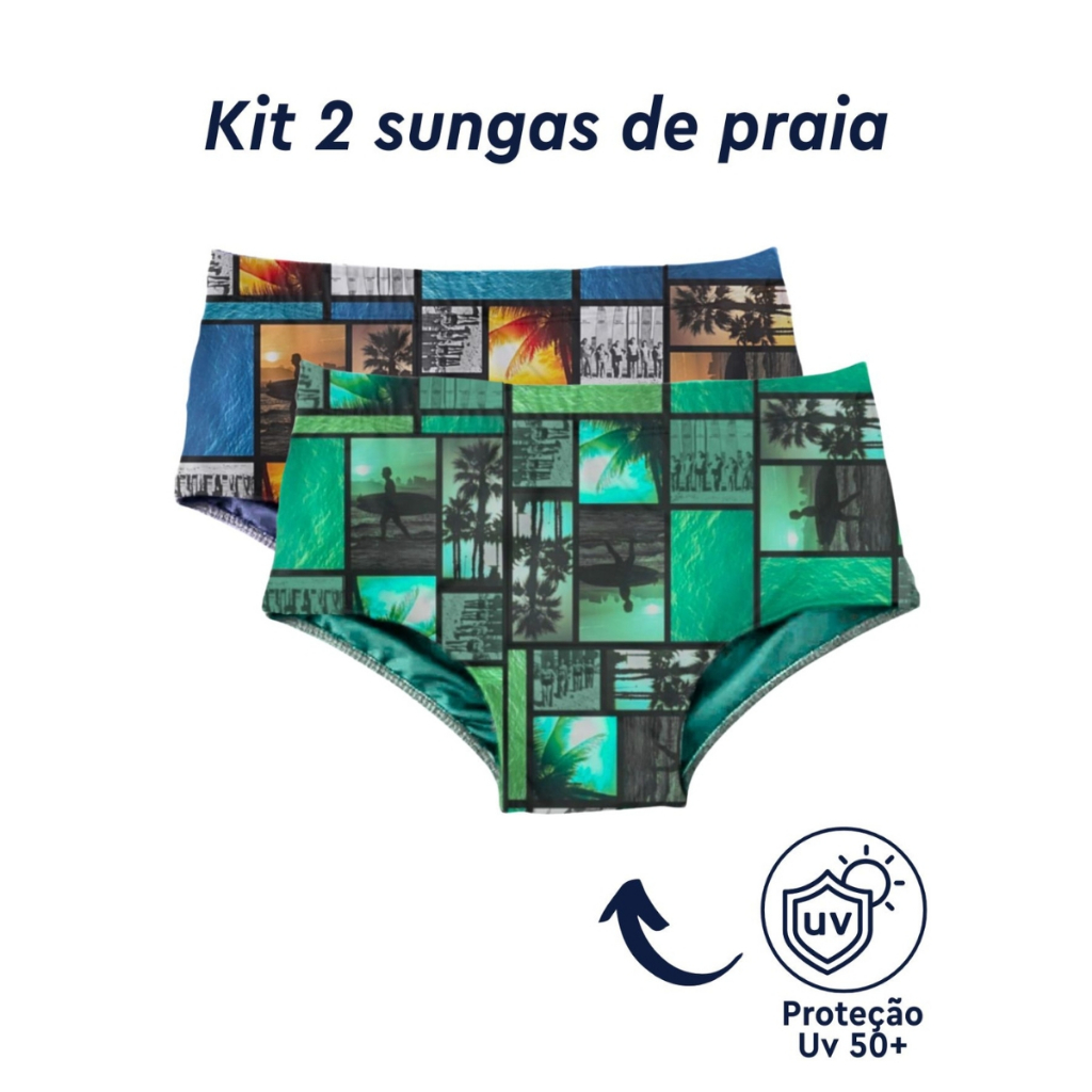 Kit 2 Sungas Masculina Slim Adulto Tradicional Forrada Estampada Proteção UV Moda Praia Verão