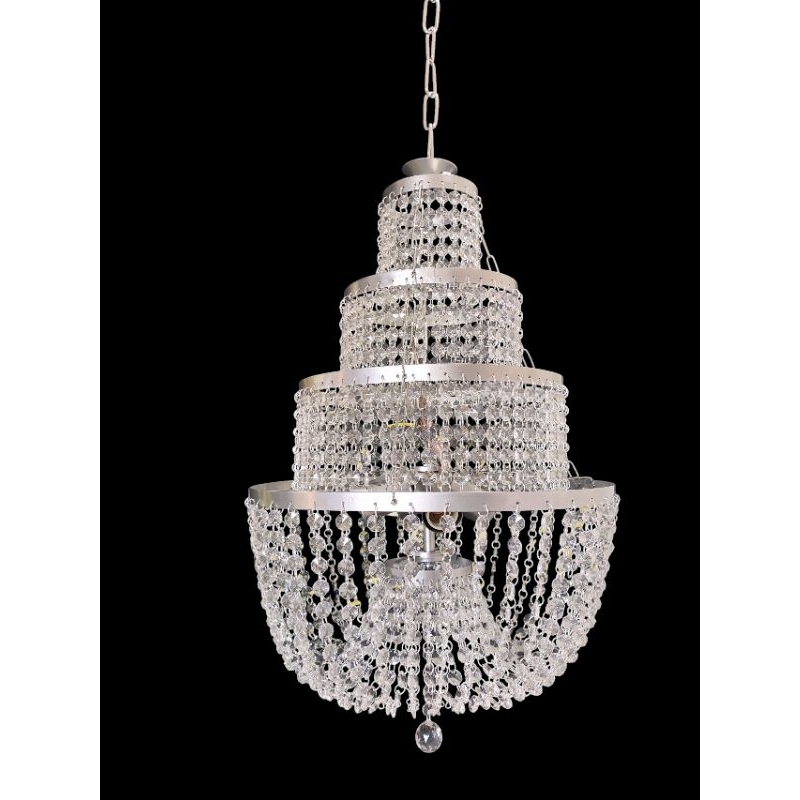 Lustre pendente chafariz prata epóxi, pedrarias em cristal acrílico 40/60