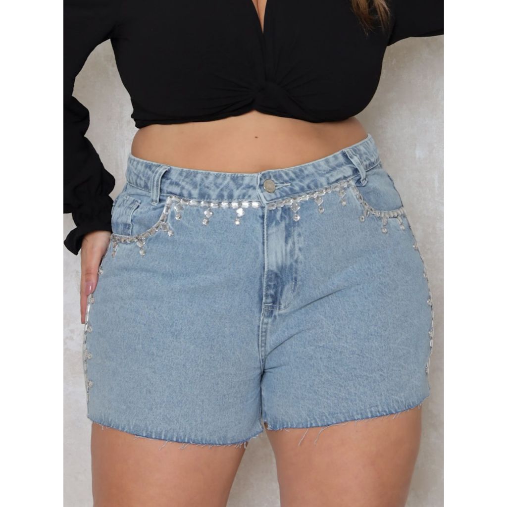 SHORT JEANS PLUS SIZE FEMININO COM PEDRARIA COM BOLSOS em Oferta na Shopee