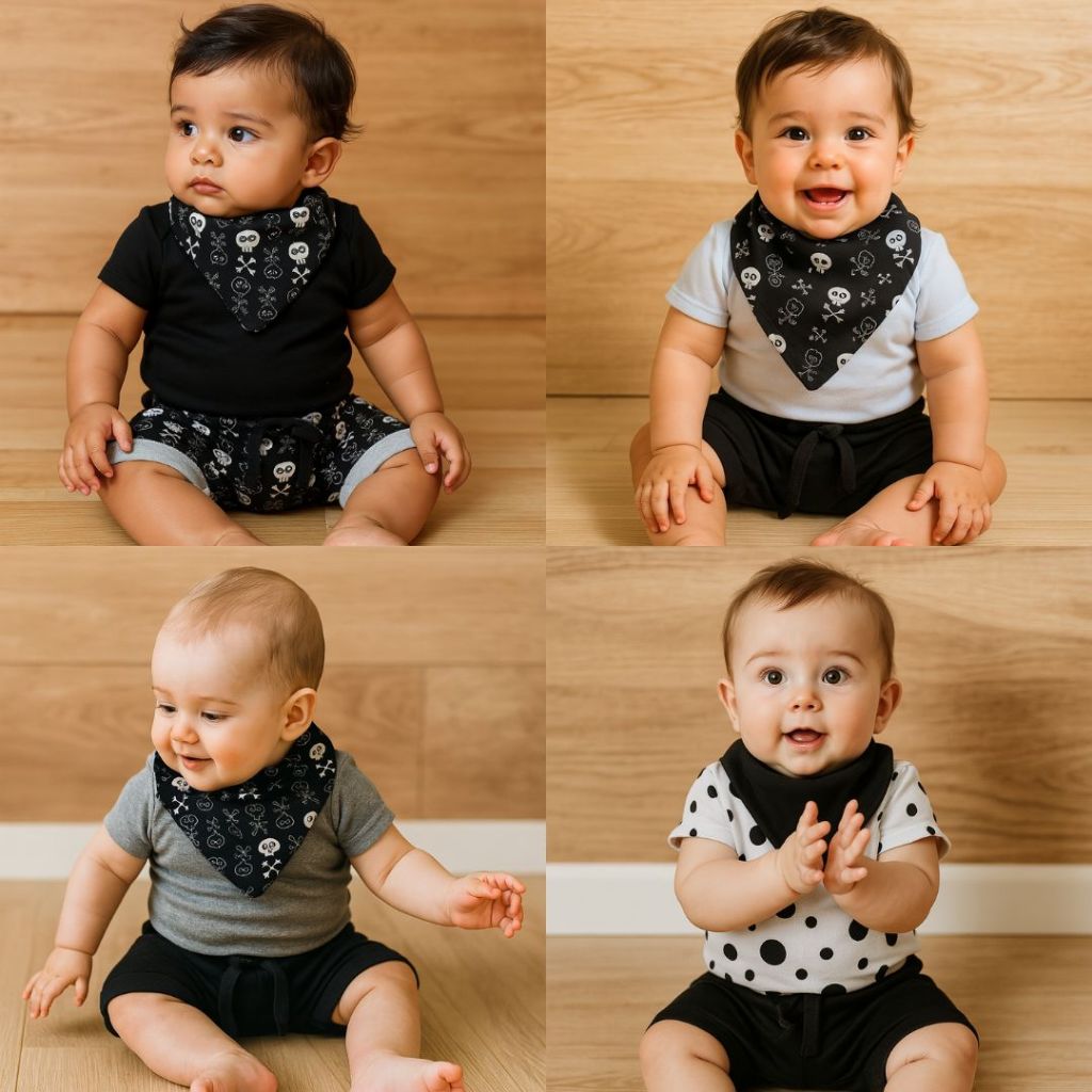 Conjunto Bebe Menino com Babador e Bermuda 100% Algodão 3 peças short saruel body estampa caveira