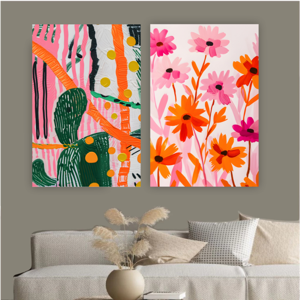 Quadro decorativo cacto flores rosa laranja colorido decoração para sala quarto deserto natureza