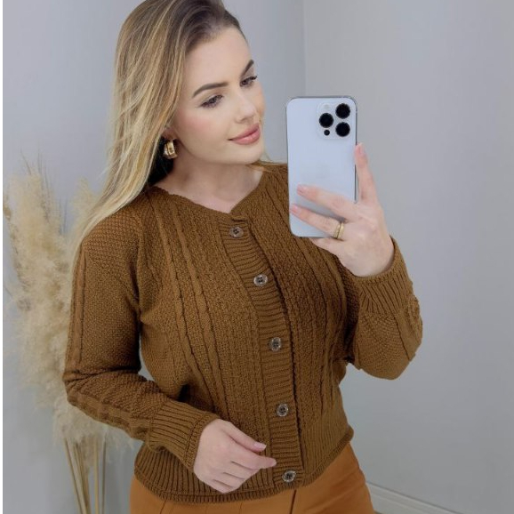 Casaco Tricot Feminino Blusa de Frio Manga Longa com Botões  Básico de Lã Moda Inverno