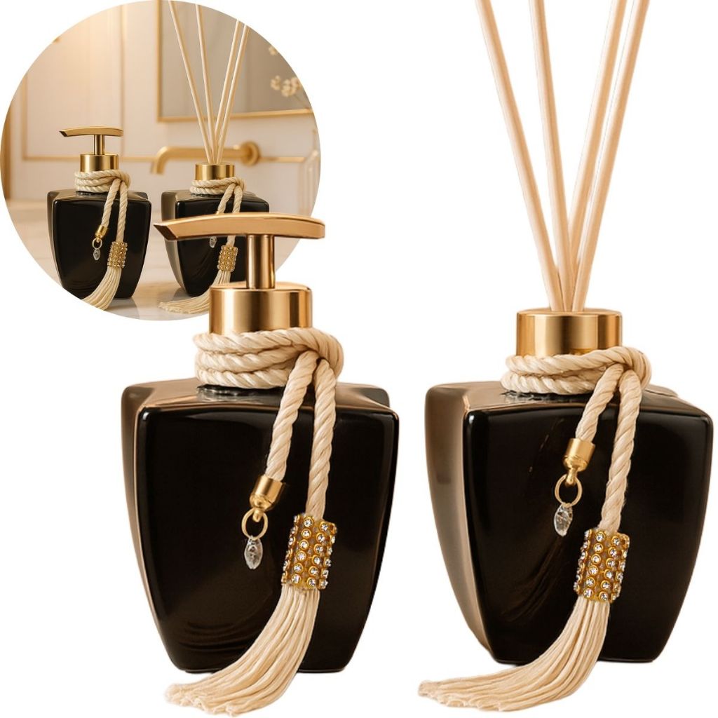 Kit Banheiro Vidros Estrela Preto Brilhante Difusor Saboneteira Luxo