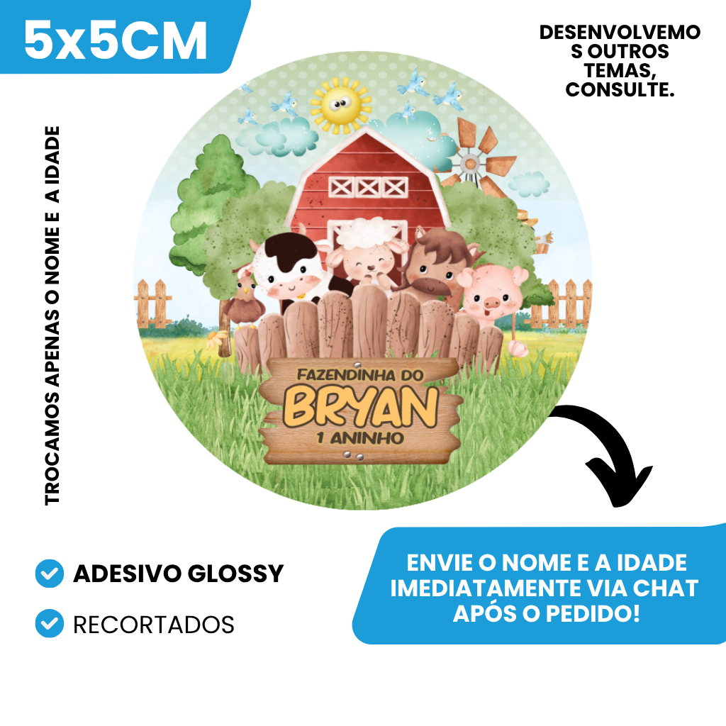 Adesivos Vinil 5x5cm Para Personalizados Lembrancinhas de Aniversário Infantil Menino Tema Fazendinha