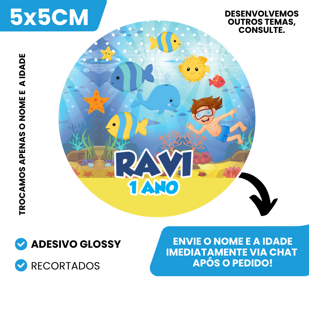 Adesivos Vinil 5x5cm Personalizados Para Lembrancinhas de Aniversário Infantil Menino Tema Fundo do Mar
