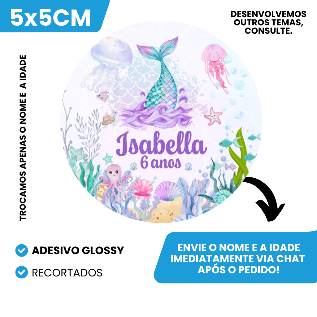 Adesivos Vinil 5x5cm Personalizados Para Lembrancinhas de Aniversário Infantil Menina Tema Sereia