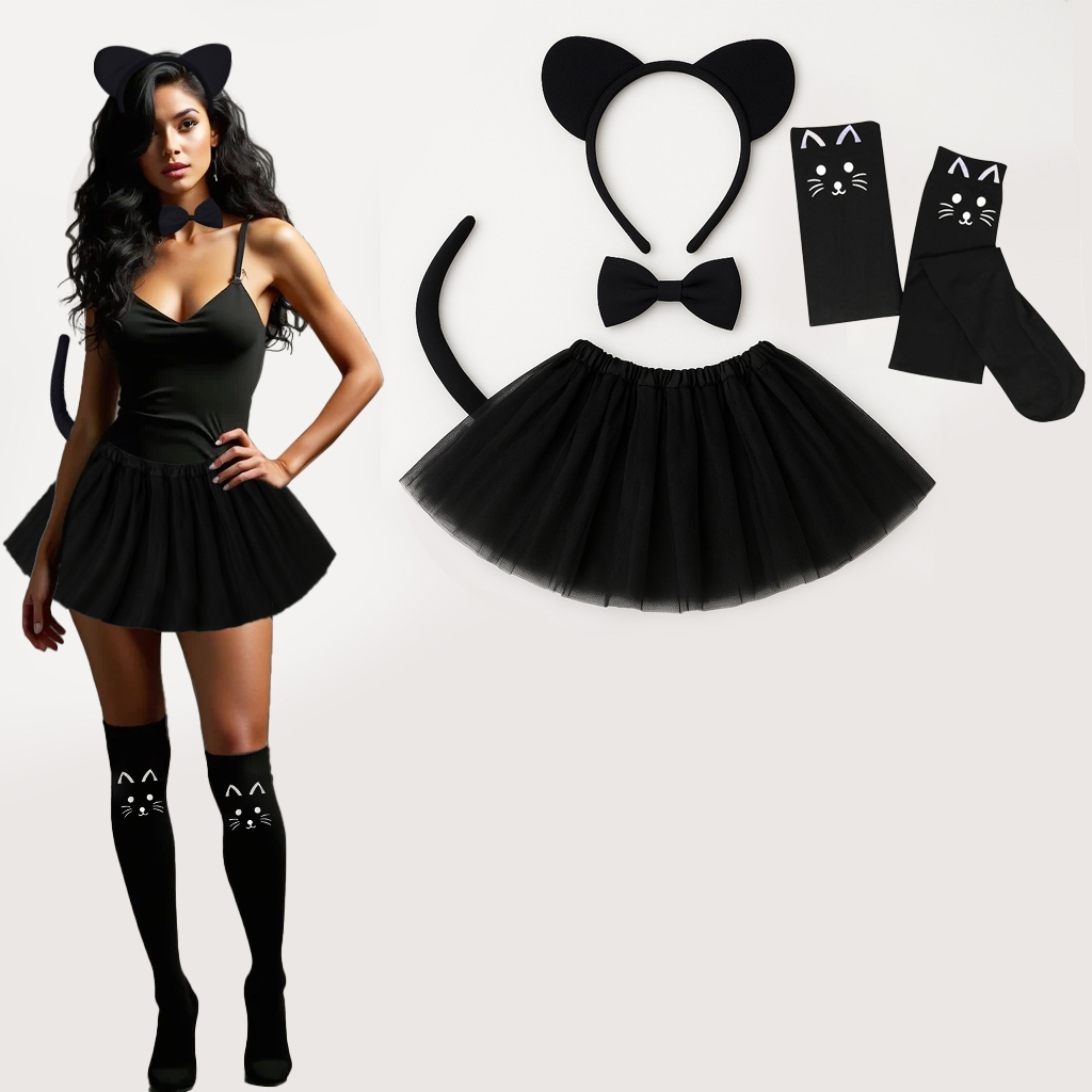 Fantasia Luxo Mulher Gato Sexy Completa com Tiara, Rabo, Saia Tule e Meia 7/8 Preta – Cosplay e Festas