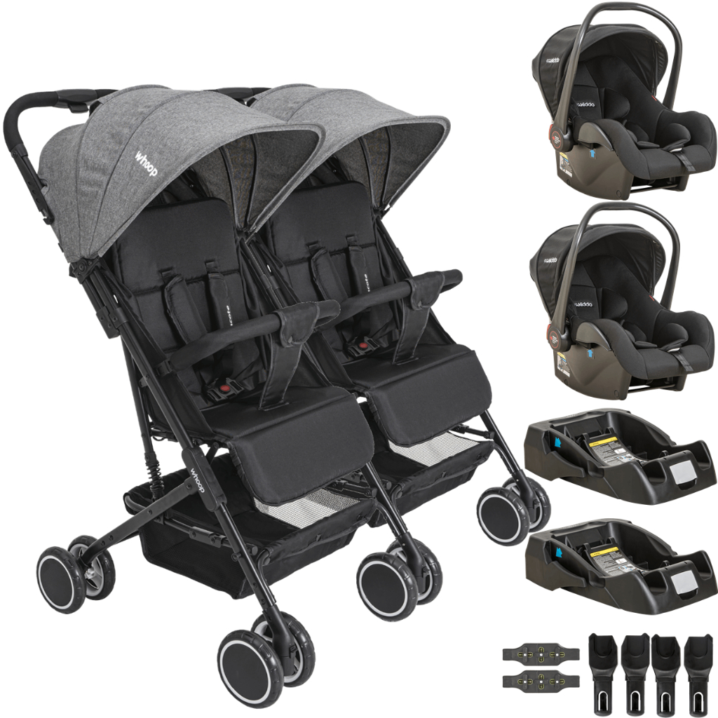 Carrinho Kiddo Gemeos com 2 Bebe Conforto 2 Base Mascote Grafite em Oferta na Shopee