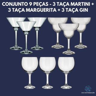 Jogo de Taças para Drinks 9 Peças - 3 Taça Martini + 3 Taça Marguerita + 3 Taça Gin