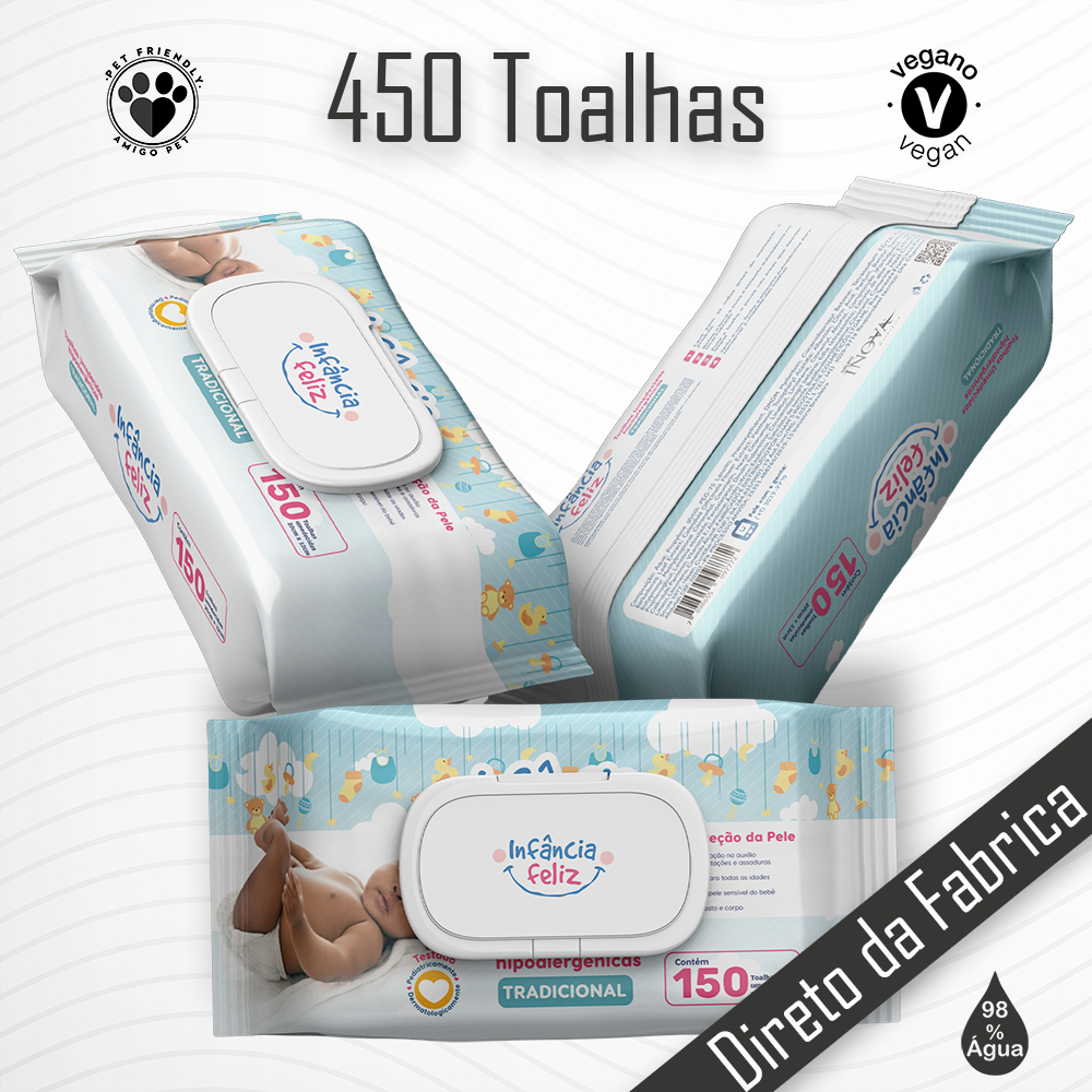Kit 03 Pacotes Toalhas Umedecidas INFÂNCIA FELIZ - 150 Folhas - Vegano - 98% Água em Oferta na Shopee