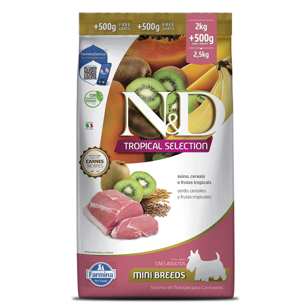 Ração N&D Tropical Selection Cães Adultos Mini Suíno e Cereais 2 kg + 500g