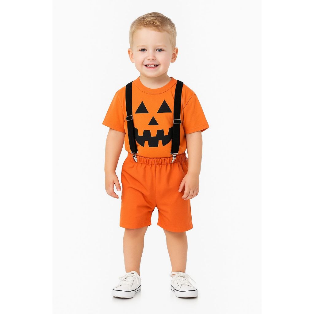 Fantasia Infantil Roupa Bebê Menino Festa Halloween Conjunto Abóbora Camiseta, Shorts e Suspensório Temático