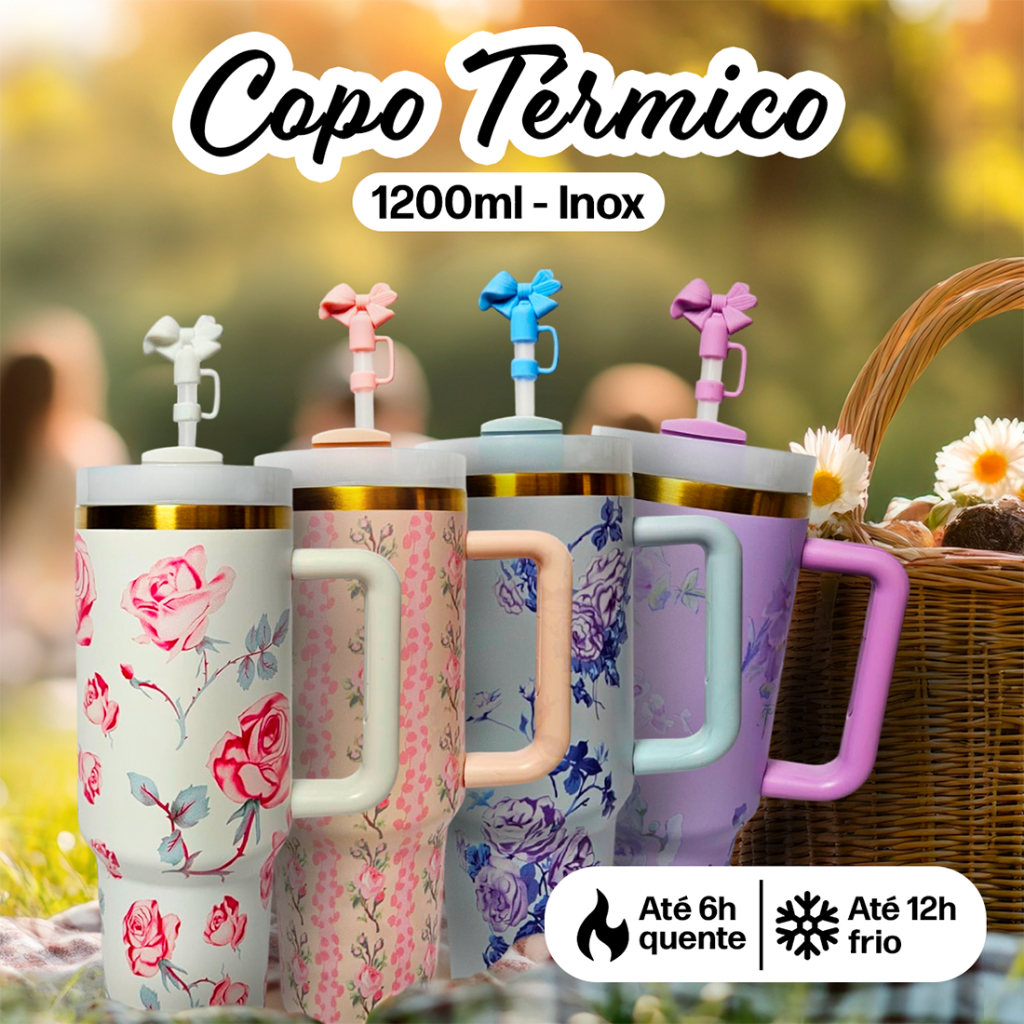 Copo Térmico com Canudo 1.2L Inox 1200mL Garrafa com Protetor de Canudo Florido Personalizado Floral