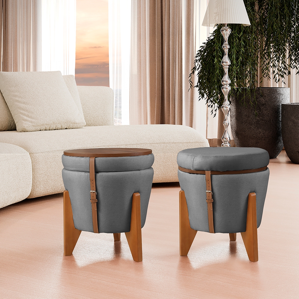 2 Puff Decorativo com Baú e Pés Madeira – Estilo Vintage para Sala