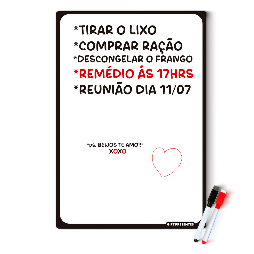 Imã Lousa Branca Geladeira - 2 Canetas Com Apagador Magnética - 20x30cm e 40x30cm - Lembrete Recado Organização