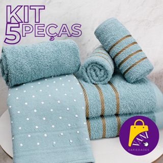 Jogo de Toalhas 5 Peças Coleção Dourada - 2 Banho + 2 Rosto + 1 Tapete/Piso Antiderrapante 100% Algodão em Oferta na Shopee