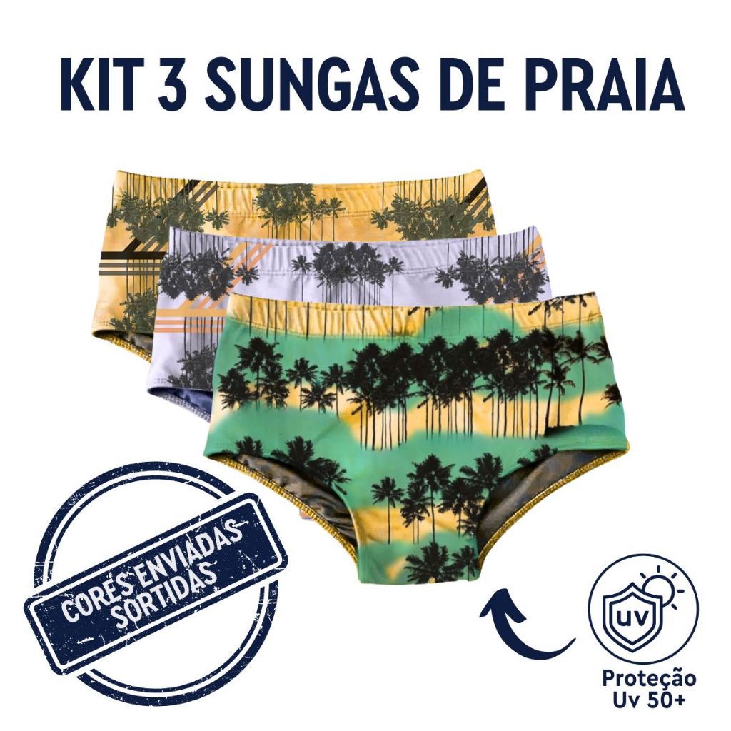 Kit 3 Sungas Masculinas Adulto Slim Tradicional Forrada Estampada Proteção UV Moda Praia Verão