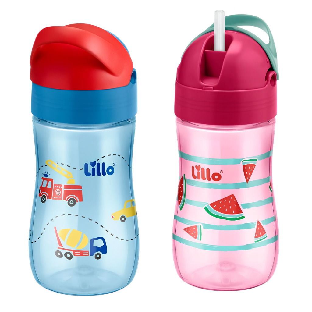 Copo de Treinamento com Canudo de Silicone Evolution 300mL Antivazamento Tampa Abre Fecha +12m Lillo