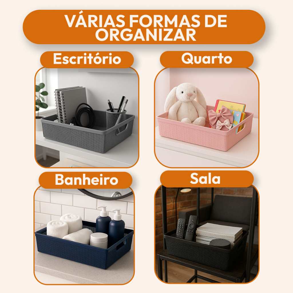 Kit 4 Cestos Organizadores Multiuso Empilhável Plástico Casa Cozinha Banheiro Quarto Rattan