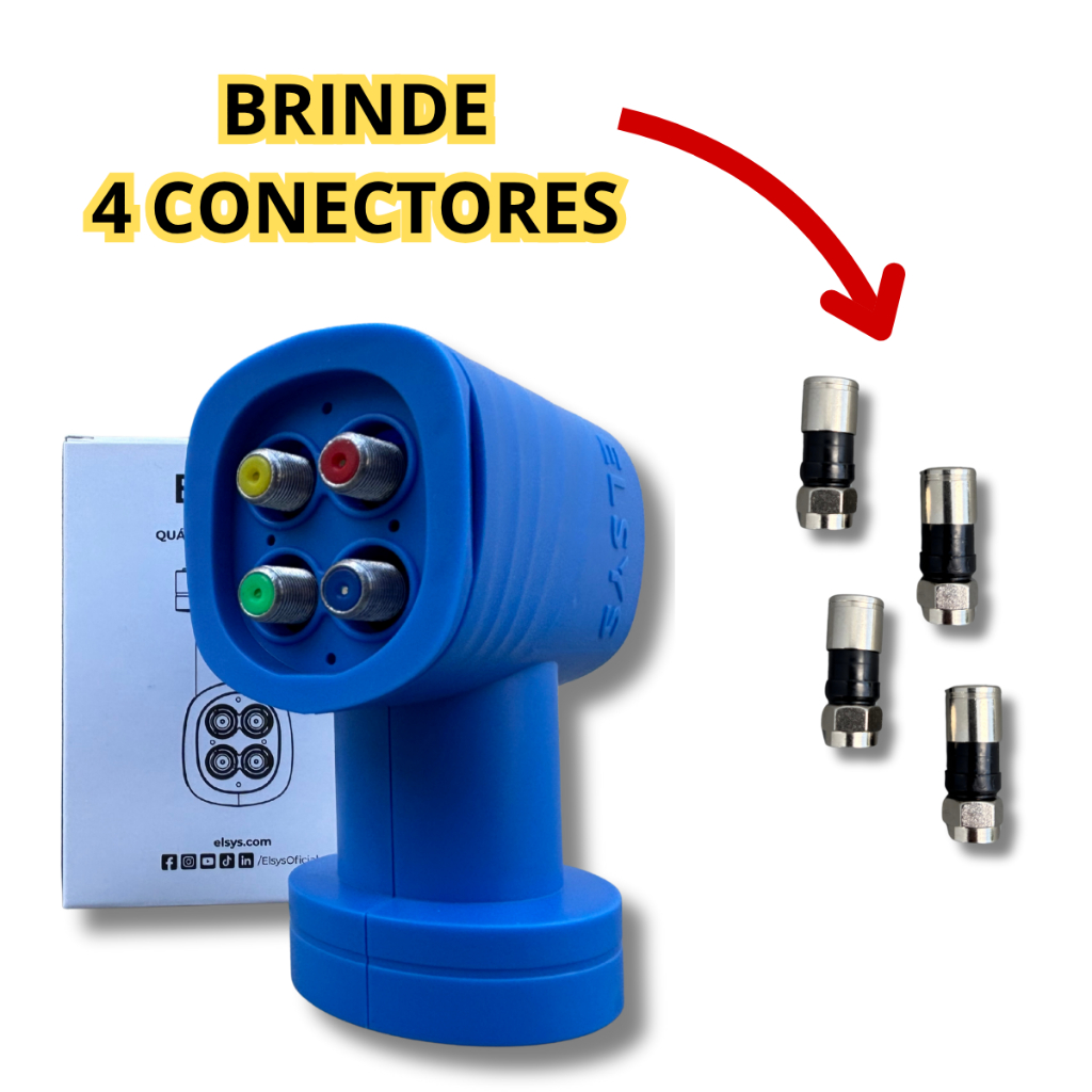 LNBF Quádruplo Universal Banda Ku Full HD Elsys Antena de 60cm Via Satelite e 4 Conectores de Brinde
