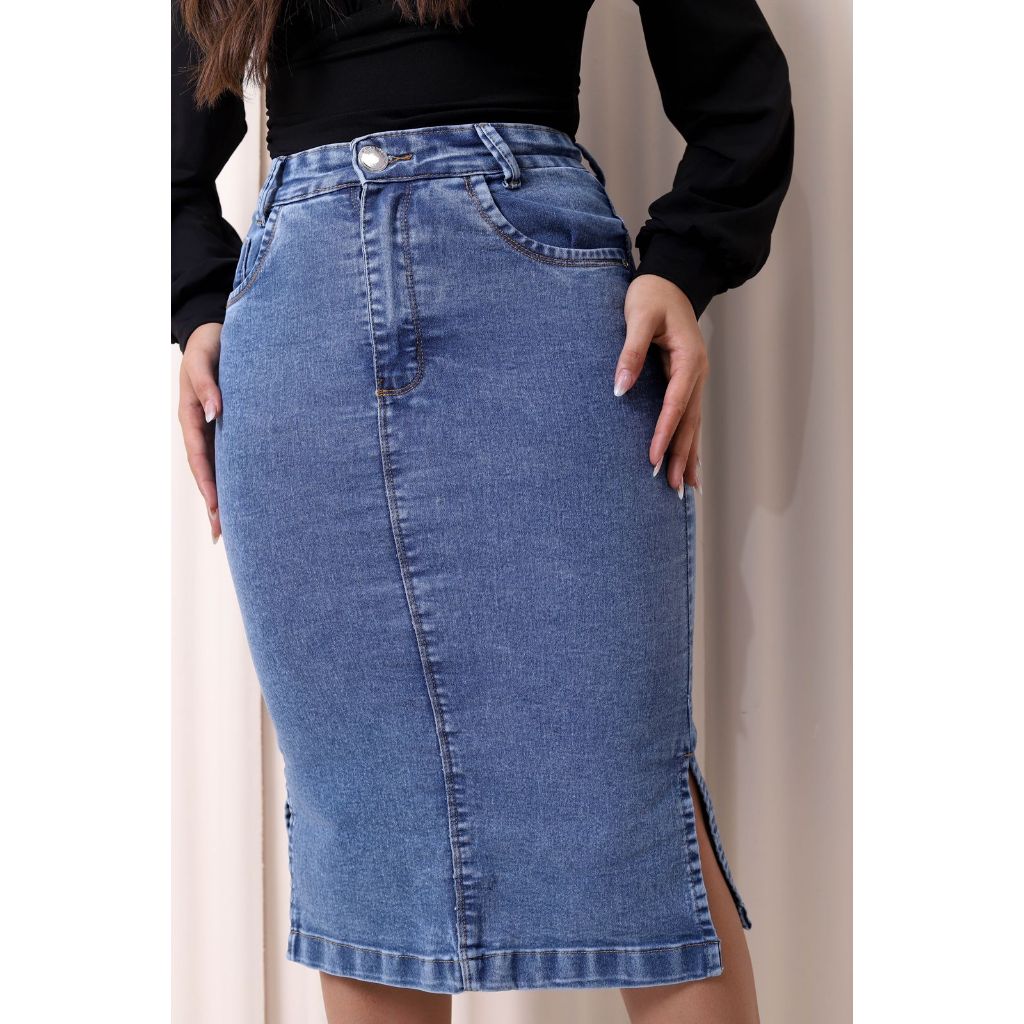 SAIA JEANS ESCURO CLARO SECRETARIA MODA EVANGELICA COM ELASTANO SAIA EVANGELICA em Oferta na Shopee