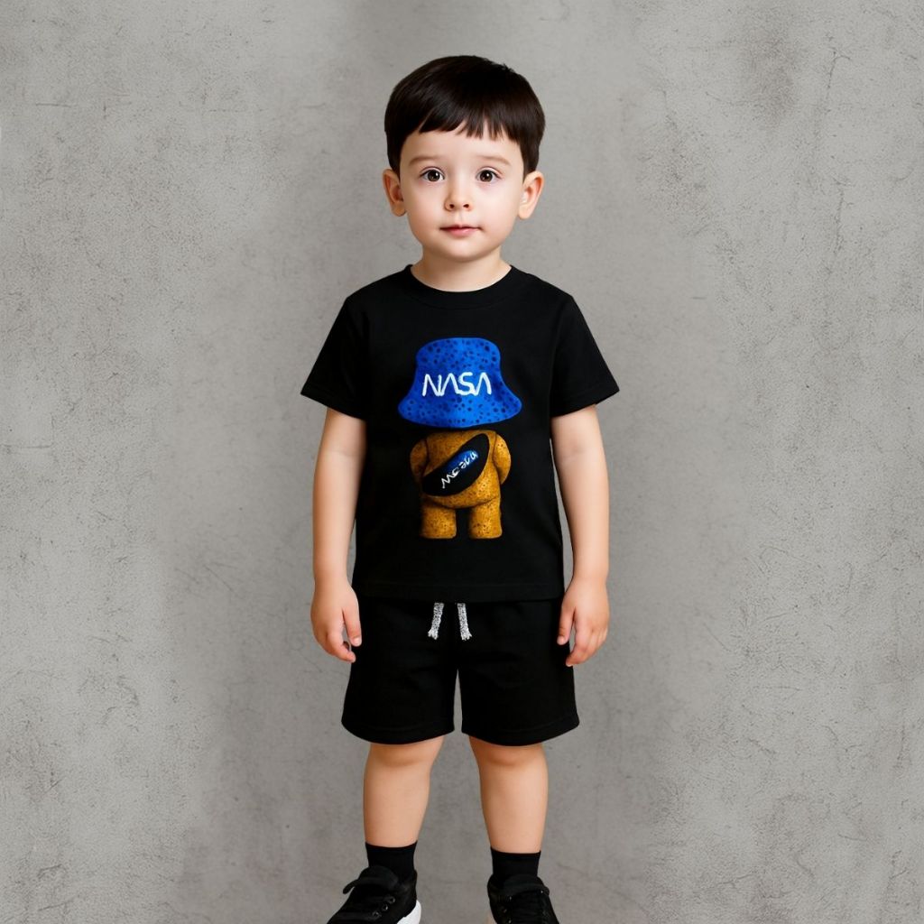 Conjunto Infantil Masculino Camiseta Estampado Nasa E Short Moletinho Com Bolso Kids Menino Verão