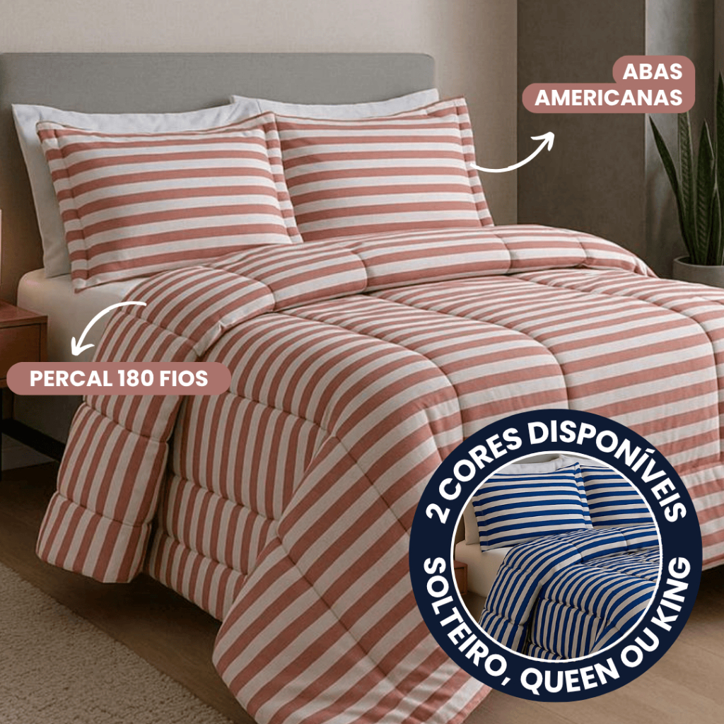 Edredom Solteiro 02 Peças, Queen ou King 03 Peças Percal 180 Fios Listras