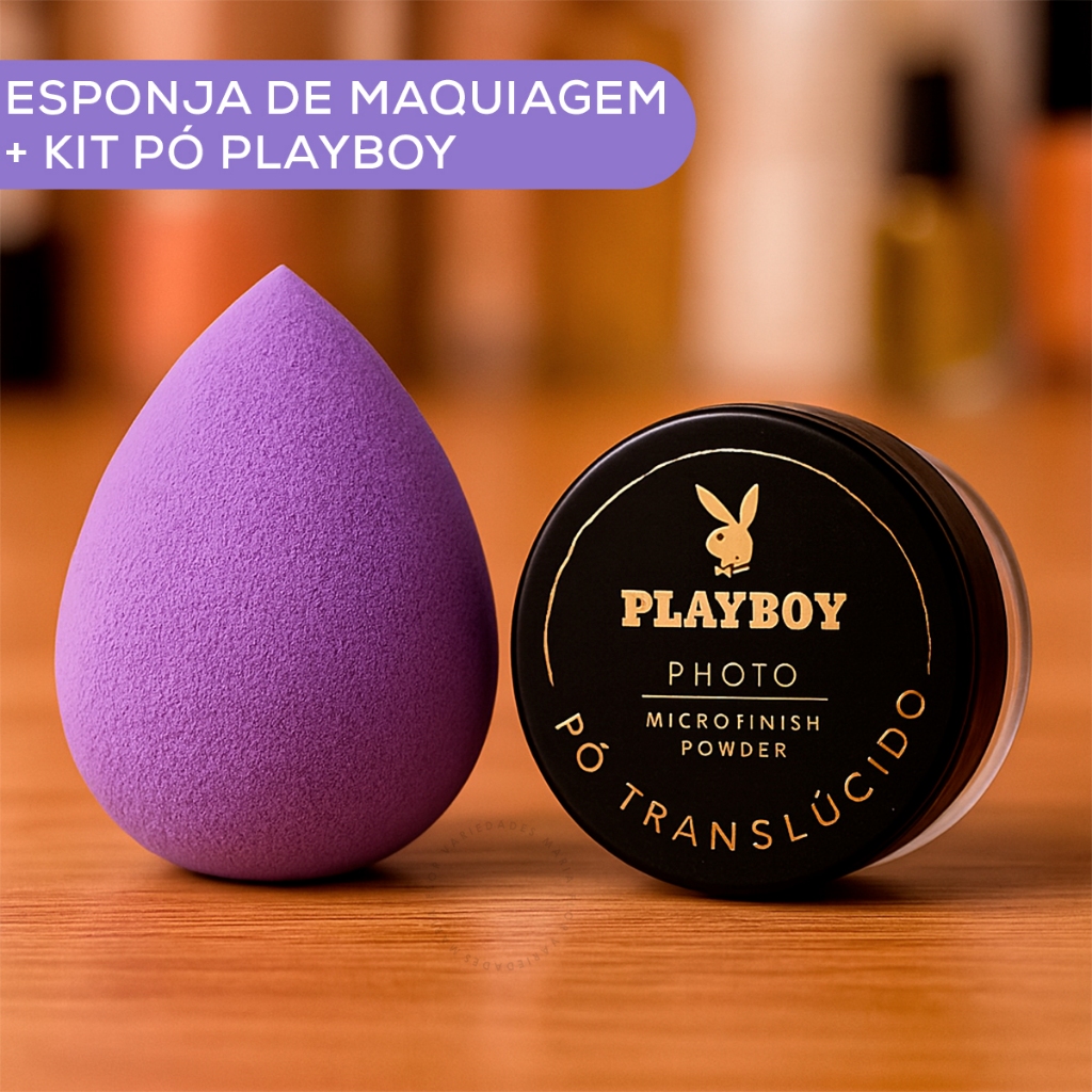 Kit 1 Pó Solto Translúcido Playboy Facial Finalizador Super Fino+ Esponja Gota Maquiagem